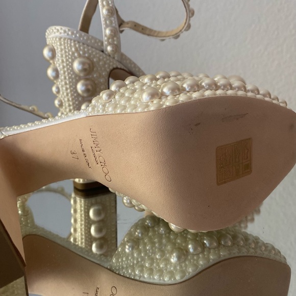 New Sacaria 120 White Satin Platform Sandals with All-Over Pearl Embellishment - Picture 16 of 16